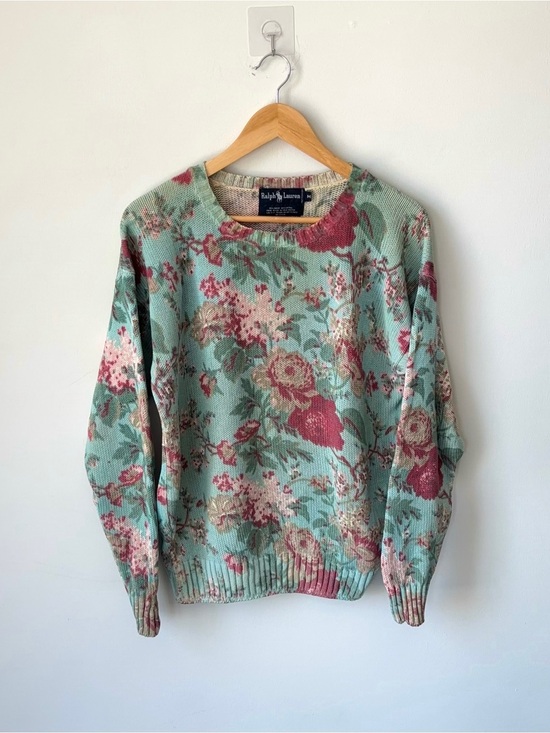 Ralph Lauren Sweaters - Vintage Ralph Lauren Teal Floral Sweater Size M Ramie Cotton Blend Blue Label